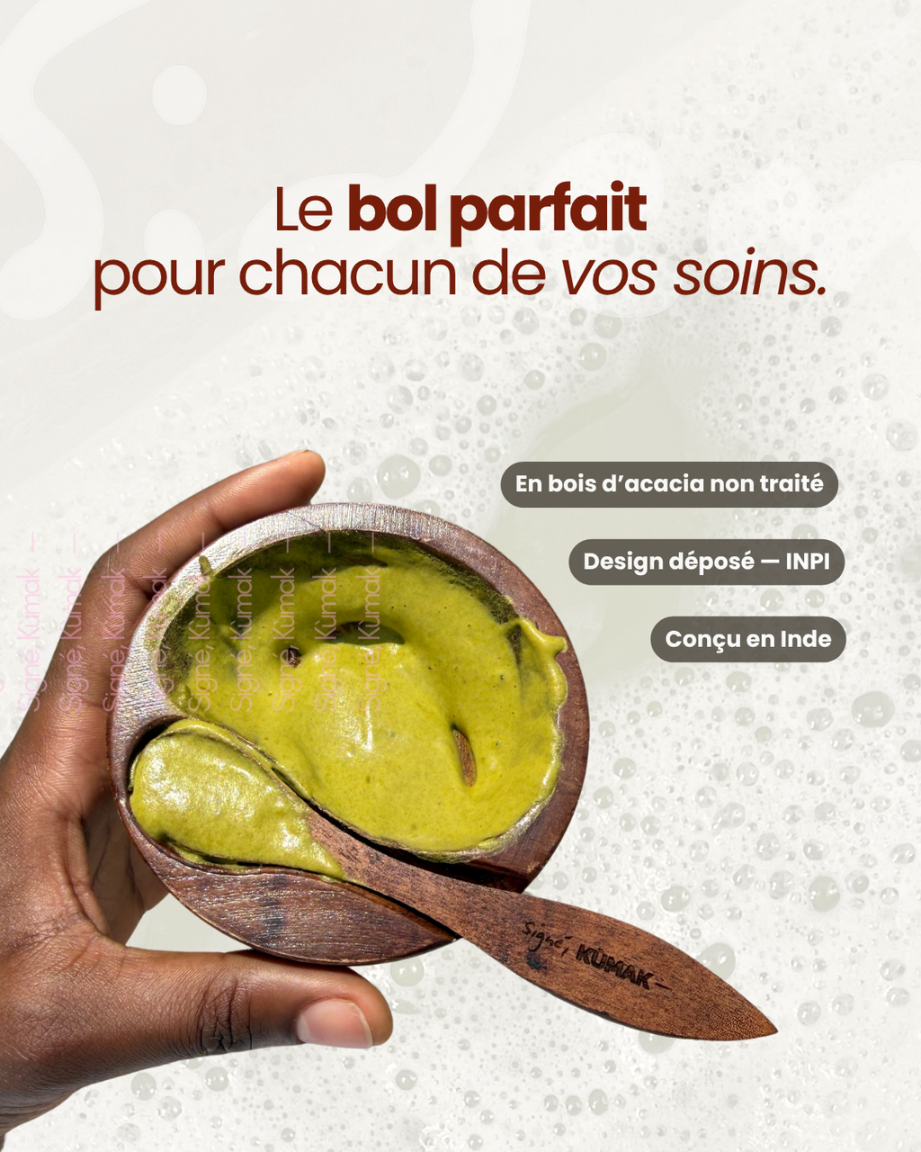 Bol en bois d'acacia et spatule gravée Signé Kùmak avec pâte SIDEM