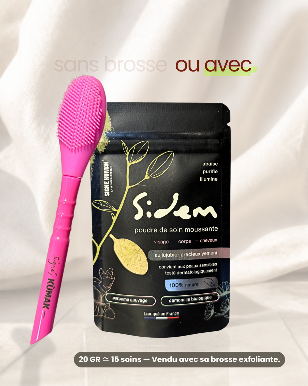 Sachet SIDEM 20 g et brosse visage en silicone rose Signé Kùmak