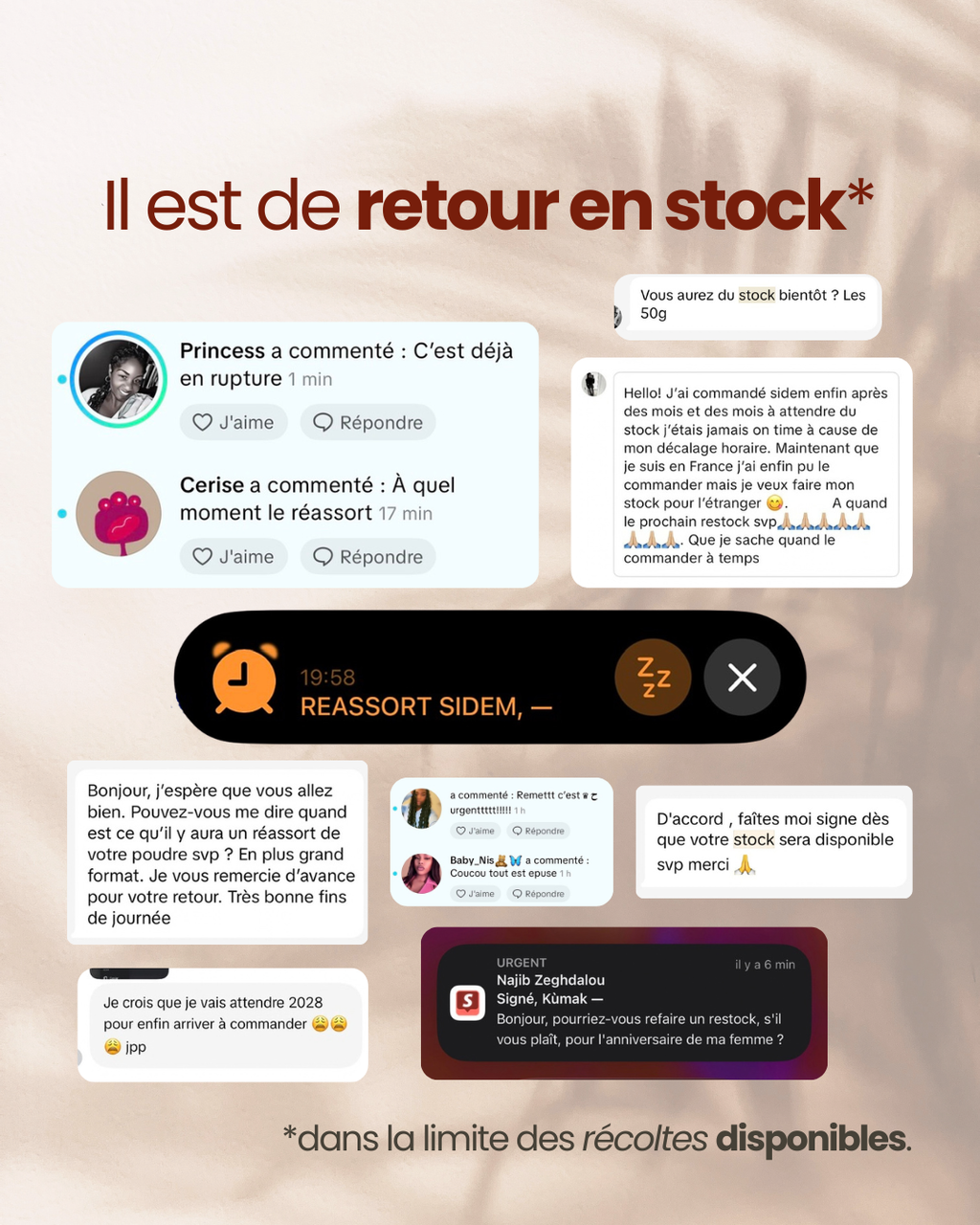 Messages de clientes attendant le retour en stock de la poudre SIDEM