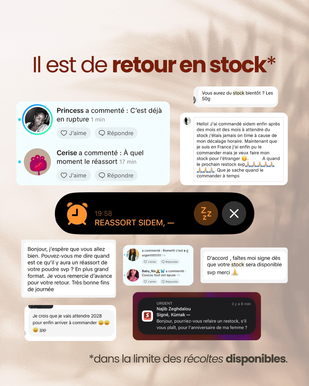 Messages de clientes attendant le retour en stock de la poudre SIDEM